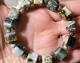 8th Vein Ocean Jasper Cube Beaded Bracelet, Orbicular Ocean Jasper old stock collectors edition Colorful 10mm & 5mm beads, #32