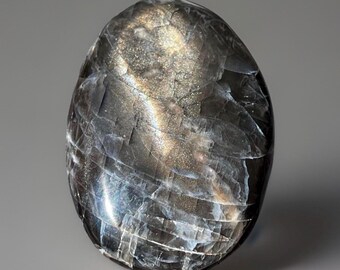 Black Moonstone Palmstone, Gold Confetti Flashy Crystal, Moody Moonstone Oval Medallion