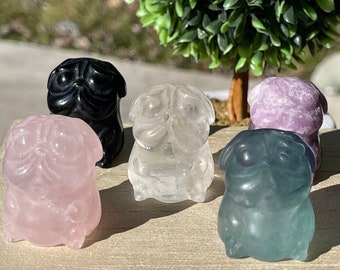 Pug Dog Mini Crystal Carvings , Funny Crystal Miniatures, Fluorite pug