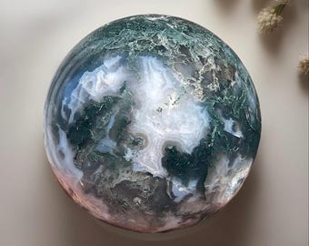 Moss Agate XXL Statement Sphere with UV Reactive Calcite pocket & Quartz • Green Moss Agate Polished Crystal Ball