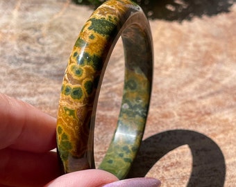 KABAMBY Ocean Jasper Bangle Bracelet with Green Yellow Floral Orbs, Orbicular Ocean Jasper old stock collectors edition jewelry, #10