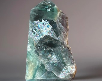 Fluorite Slab Tower with Raw Edge and Incredible Rainbows (451): Blue Green Fluorite Crystal Specimen
