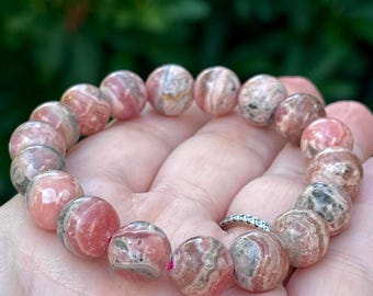 Rhodochrosite Beaded Strech Bracelet from Argentina - 11 mm, Heart Chakra Stone, HQ Natural Pink Crystal Beads