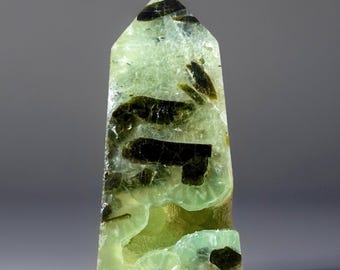 Prehnite Tower with Green Tourmaline and Druzy Pockets