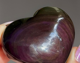 Velvet Obsidian Crystal Heart , Large Beautiful Moody Purple & Muddy Green Flashy Obsidian