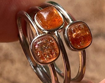 Arusha Sunstone Ring - Sterling Silver Adjustable Jewelry - Natural Golden Peach Flash Gemstone - Handmade Bazel Stacking Ring