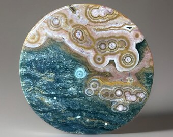 Orbicular Ocean Jasper Disc with Pink Green Blue Orbs, Round OJ Crystal Flat, Madagascar Orb Jasper Slice, Bubble Ocean Jasper