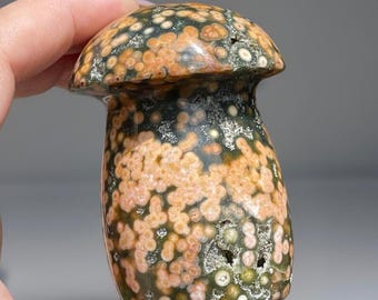 Veinless Ocean Jasper Large Mushroom with Quartz & Orange Orbs • Orbicular Ocean Jasper Zen Garden Decor • Natural  Madagascar Jasper - #82