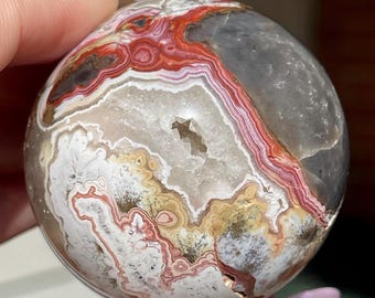 Red & Pink Crazy Lace Agate Sphere with a Orbs and Flowers, Natural High Quality Agate from Mexico, Crystal Ball (469)