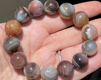 Botswana Agate Colorful 15mm Bead Bracelet with Stunning Patterns, Crystal Collectors edition jewelry gift