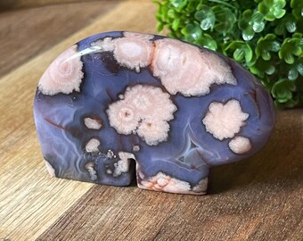 Blue & Pink Flower Agate Bear, Crystal Zuni Style Bear Carving, Spirit Animal Gift, Natural Stone Bear Sculpture