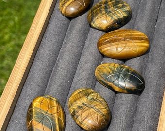 Blue & Yellow Tigers Eye Crystal Small Palm Flat back Cabochon - You Pick