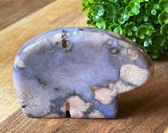 Blue & Pink Flower Agate Bear, Crystal Zuni Style Bear Carving, Spirit Animal Gift, Natural Stone Bear Sculpture