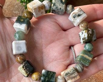 8th Vein & Old Stock Ocean Jasper Large Cube 13mm Bead Bracelet - No.58