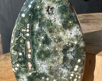 7th Vein Ocean Jasper Big Freeform with Pink Orbs Bubbles and Green Rainbow Quartz, Druzy Ocean Orbicular Jasper Rounded Flame