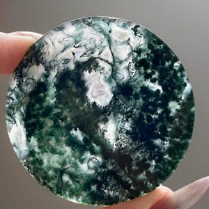 Moss Agate Cookie Flat: Translucent Scenic Crystal Disk, Polished Gemstone Pocket Round Stone (468)