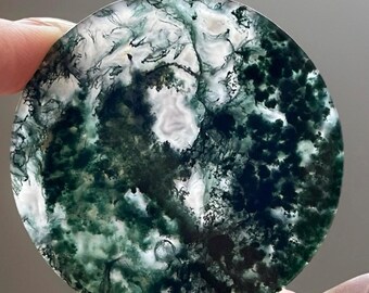 Moss Agate Cookie Flat: Translucent Scenic Crystal Disk, Polished Gemstone Pocket Round Stone (468)