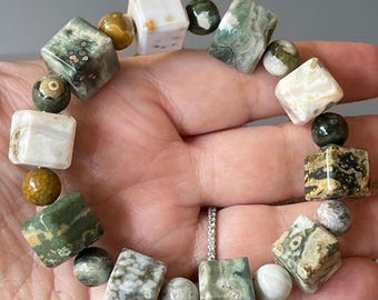 8th Vein Ocean Jasper Large Cube Bead Bracelet - No.79