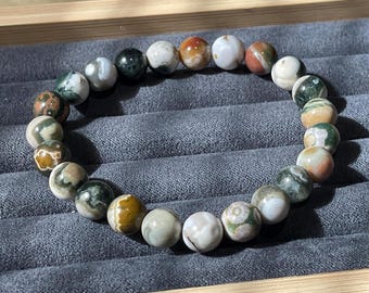8th & 1st Vein Ocean Jasper Round Beaded Bracelet, Orbicular Ocean Jasper old stock collectors edition Colorful beads, Crystal Bracelets
