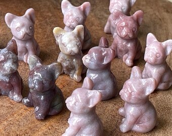 Pink Ocean Jasper Mini Frenchie carving, Miniature Dog Crystal figurine, Tiny Crystals