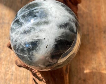 Grey Moonstone Sphere with Silver Confetti and Deep Blue Flash, Rare Crystal Ball, Collectible Gems (413)