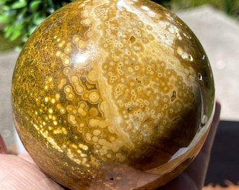 Madagascar Ocean Jasper XXL Sphere - Yellow Ocean Jasper with Quartz - Orbicular Jasper Rare vein