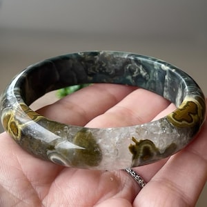 Marovato Ocean Jasper Bangle Bracelet with Orbs Flowers and Quartz, Madagascar Orbicular Ocean Jasper old stock collectors edition jewelry