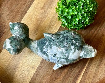 Moss Agate Large Dolphin Sculpture, Unique Natural Green & White Moss Agate Sea Critter, Beach House Decorations