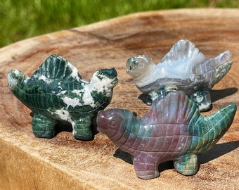 Dinosaur Carvings , Small Crystal Carvings, Moss Agate Dino , Ocean Jasper Dinosaur, Miniature Crystals