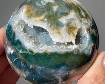 Moss Agate Sphere with Quartz Cave Pocket •  Large Green Crystal Sphere • Scenic Moss Agate Ball