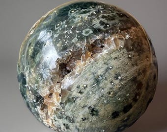 7th Vein Ocean Jasper Sphere with Quartz Clusters,Orbicular Jasper Ball, Unique Madagascar Jasper (270)