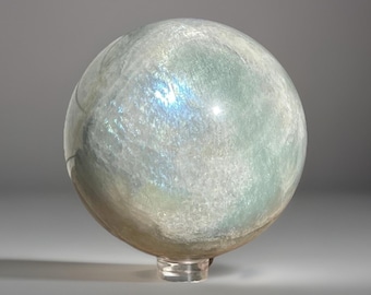 Sage Green Moonstone XXL Sphere with Electric BLUE Rainbow Flash • High Quality Silky Green Moonstone • Rare Unique Crystal Find