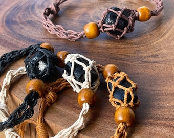 Black Tourmaline Adjustable Crochet Bracelet,  Macrame Crystal Charm Bracelet, Raw Black Tourmaline