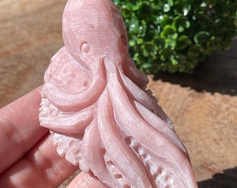 Pink Opal Octopus Crystal Carving, Unique Ocean Inspired Sculpture, Natural Stone Beach Theme Home Decor