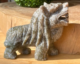 Moss Agate Lion Hand Crafted Carving - No.13