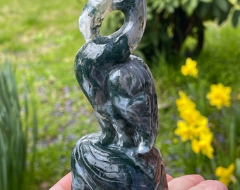Moss Agate Big Flamingo Bird Carving, #85
