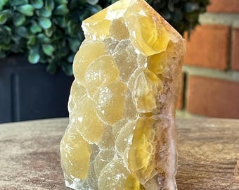 Yellow Botryoidal Fluorite Specimen Tower, Rare Natural HQ Fluorite Semi Polished Mineral