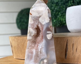 Pink Amethyst Flower Agate Tower, Jelly Flower agate Point, Unique Natural Agate Obelisk