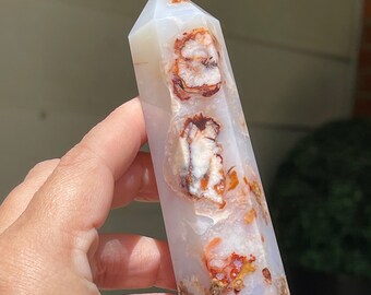 White Carnelian Pink Red Flower Agate Tower, High Quality AAA Grade Collectors Edition Rare Find, #53