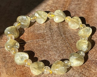 Gem Yellow Lepidolite heart beaded Bracelet with Golden Rutile, Lepidolite Collector Grade Crystal, #12