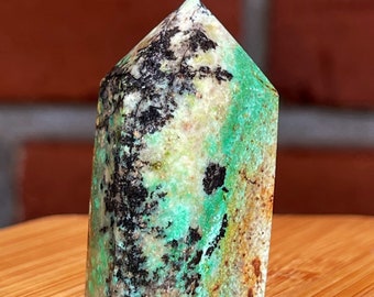 Quantum Quattro Silica Tower | Malachite, Dioptase, Chrysocolla, Shattuckite in a Smoky Quartz matrix |