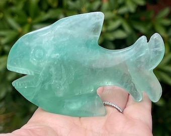 Baja Fluorite Large Crystal Fish – Natural Gemstone coastal Beach Home Decor, Ocean Creature Display Figurine, Fluorite Carving (473)