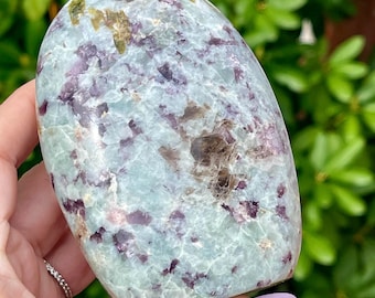 Aquamarine Gem Lepidilite & Green Elbaite Tourmaline Polished Freeform from Brazil, Natural Rare Mineral Specimen Collector’s Rock (480)