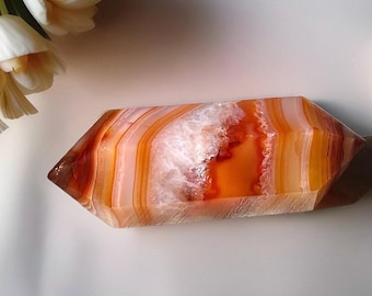 Carnelian Double Point Crystal, Unique Crystal DT Point with Quartz