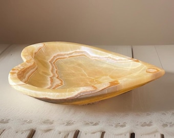 Banded Calcite Heart-shaped dish, Crystal Bowl, Natural Stone Trinket Tray, Earthy Home Decor