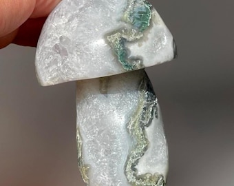 Moss Agate & Quartz Large Mushroom Carving,  Zen Garden Crystals - #A