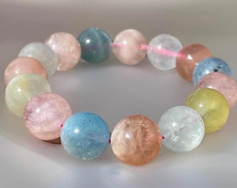 Morganite XXL Bead Bracelet | Big natural beryl 17 mm sphere bracelet | AAA Grade Morganite with a flash, tourmaline inclusions