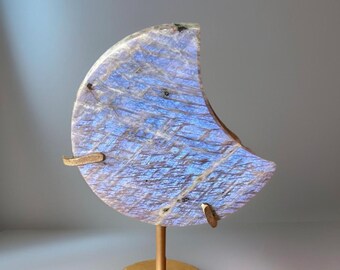 Moonstone Sunstone Statement Moon on a Stand, Blue Flash rainbow confetti Crescent Moon Crystal