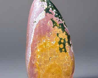 Kabamby Ocean Jasper Freeform Flame, Pink & Green Orbicular Ocean Jasper, Natural Unique Madagascar Jasper