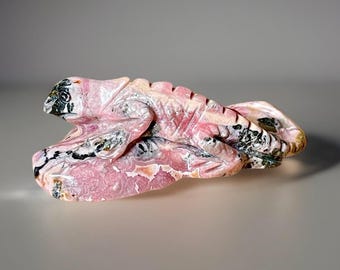 Rhodochrosite Lizard Sculpture: Hand Carved Pink Crystal Reptile Figurine
